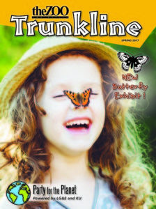 image - theZOO trunkline cover, spring 2017, young girl, with straw hat, red hair, laughing, butterfly on her nose, new butterfly exhibit!, party for the Planet, earth image, powered by LG&E and KU