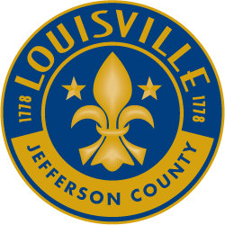 logo - Louisville, Jefferson County, emblem, with fleur de lis in center, 1778 dates, with star on each side, blue and gold are colors used for the emblem