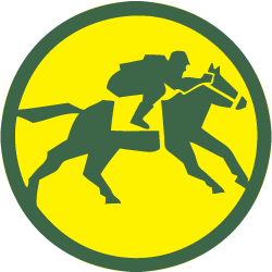 logo - sponsor, black shadow image of jockey riding race horse, in circle of black, with yellow color background