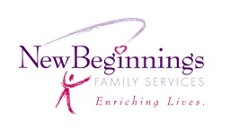 logo - New Beginnings, family services, enriching lives, with shadow pink figure dancing