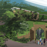 banner - Capital Campaign Photo, rendering of elephant exhibit, view from afar, pathway passes concession, then goes on to boma village, with lots of green foliage and trees along the pathway