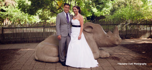 banner - Wedding Photos at Louisville Zoo, bride and groom, with rhino statue in background on sunny summer day