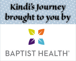 graphic - 2 tone color, blue w/whi dots, all white bottom, kindi's journey brought to you by Baptist Health