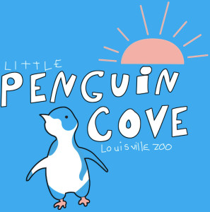 banner - all blue background, little penguin cove, louisivlle zoo, pink half sun with rays, little blue/white penguin