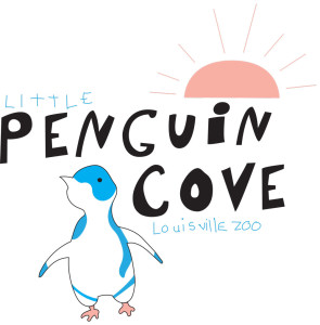 banner - all white background, little penguin cove, louisivlle, zoo, pink half sun with ray image, blue/white penguin image