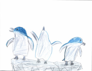 image - child's drawing, with crayons or colored pencils, of 3 blue penguins, designed for the t shirt design contest