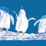 banner - kid's drawing, all blue background, with 3 blue/white penguins, in different poses, standing on a piece of glacier white ice