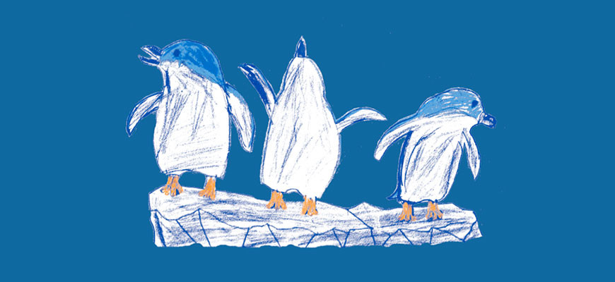 banner - kid's drawing, all blue background, with 3 blue/white penguins, in different poses, standing on a piece of glacier white ice