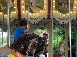 photo - young boy, riding penguin, on carousel, looking at himself in the carousel mirrors
