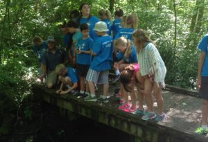 banner - group of day campers, at the wetlands bridge, looking at the stream with a counselor giving a talk about the wetlands