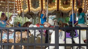 photo - zoo day campers riding carousel, smiling, having a good time,