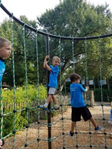 photo - boys, in blue camper t-shirts, playing on playground equipment, climbing chain link wal, at zoo playground