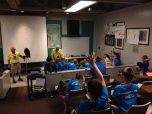 photo - (upside down) classroom in gheens building, keeper is giving a raptor presentation to zoo day campers