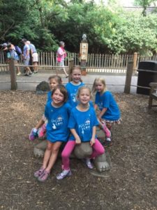 photo - bunch of little girls, blue penguin cove zoo camper t-shirts, sitting on kamado dragon in mulch play area in the islands
