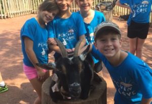 photo - boys and girls zoo day campers, penguin cove blue t-shirts, petting black goat, with horns, sitting on tree trunk