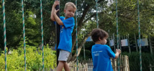 photo - two small children having fun on playground equipment, in blue day camp t-shirts