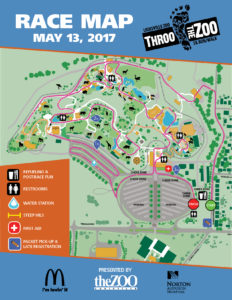 image - race map route for throo the zoo, with blue footprint overlay, 5k walk/run, shows with guide showing where variety of things, first aid, water station, etc, are located in zoo during race, has mcdonald's logo, zoo logo, norton hospital logo