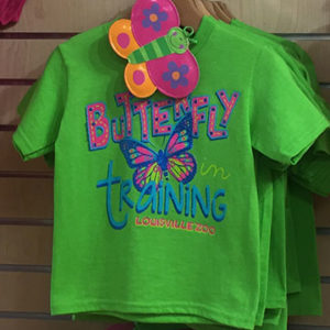 image - gift shop butterfly green t shirts, with colorful lettering of Butterfly in training, louisville zoo, for purchase