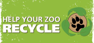 banner - lime green background, with blk paw print in circle, circled with 3 green leaves, help your zoo, recycle