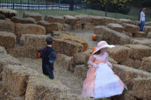 photo - of hay maze, with hay bales, and 2 childdren in costume, one being a girl dressed as a southern bell with hoop skirt, shawl and hat