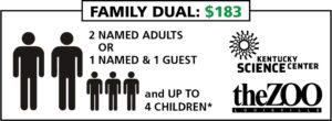 graphic - family dual membership with price, how many people are covered, how children it will cover, logos for ky science center, theZOO