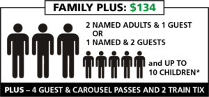 graphic - family plus membership with price, how many people it will cover, how many children are allowed, plus benefits of membership