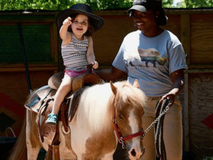 photo - pony keeper, guiding pony, with small child, sitting on pony, child is waving hello