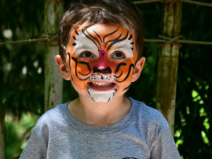 photo - young girl, with tiger face painting, orange color with black stripes, white eye fur color around eyes, white mustache, and white chin fur, she is smiling