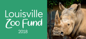 banner - l/side Louisville Zoo fund 2018 on all green background, r/side is head shot, side view of rhino, with pronounced ears and front horn on its face, small eye, large nostrils, he is all brown