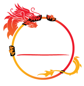 logo - for Wild Lights at the louisville zoo in oriental red circle with dragon hugging it, red and gold colors