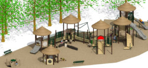 graphic - what an inclusive playground might look like with different handicap accessible equipment for those who would be using it.