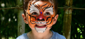 photo - young girl with tiger face painting, orange w/blk lines, white fur eye brows, moustache, chin area, she is smiling