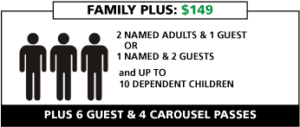 graphic - family plus membership info, shows price, how many adults and children allowed on membership, plus xtra perks for membership, 3 black shadow persons