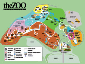 graphic - zoo map with individual colored sections of zoo, (asia, africa etc), posted are names of all animals in each section, plus a zoo location guide for restrooms, first aid, outpost, concessions, etc and where to find them in each section of zoo