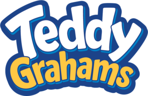 logo - white letters Teddy, gold letters Grahams, laying on blue background