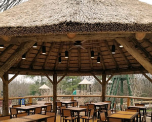 photo - outside picnic area, with tables and chairs, roof lighting, with fan, of outpost hut, looking at the childrens playground, plus some of the colobus money enclosure