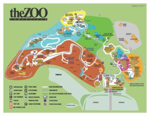 graphic - theZOO Map, multicolored sections, identifying areas of zoo, with a symbol explanation guide for items marked on the map