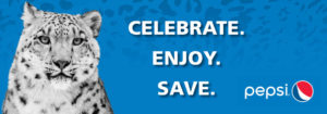 banner - all blue marbled background, l/side has image, frontal full face, of snow leopard, white with black markings, very intense yellow eyes, Celebrate. Enjoy. Save. Pepsi w/red, blue logo circle