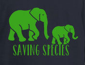 graphic - black background, green adult elephant, green baby elephant, walking, Saving Species T-shirt
