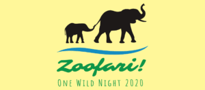 banner - black adult mom shadow elephant, with baby black shadow holding her tail, Zoofari!, One Wild Night 2020, background is all yellow