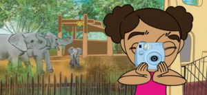 banner - background is image of 2 adult elephants, a baby elephant in their enclosure with cover archway in background, and image of graphic of child taking picture with a camera