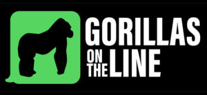 banner - black background, with green box with black shadow image of gorilla, Gorillas on the Line
