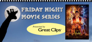 banner - blue color background, l/side has black shadow of giraffe, against full moon; r/side has movie ad for Aladdin for Friday night movies at zoo; Friday Night Movie Series, Presented by Great Clips