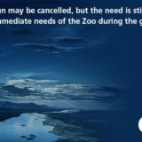 banner - The fun may be cancelled, but the need is still there. Join us to support the immediate needs of the Zoo during the global COVID-19 pandemic. l/side has earth blue image, white adult elephant shadow, with baby white elephant shadow holding tail of adult, with night time blue gray evening sky, Zoofari!, One Wild Night 2020; r/side Hosted by friends of theZOO, Louisville, Raising Funds to Preserve a Legacy, Presented by logo image Brown-Forman