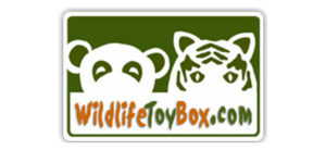 logo - card with white shadow animal faces with green trim features for a bear, tiger; WildlifeToyBox.com in orange and green lettering