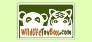 banner - lime green background, with card that has white w/green trim features of animal bear and tiger, WildlifeToyBox.com in green, orange letters