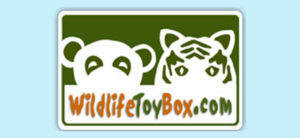 banner - lite blue background, shows a card with white shadow faces, trimmed with green features of bear, tiger, with Wildlife Toy Box. com in orange and green lettering
