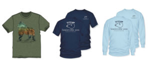 banner - showing 3 short sleeve t shirts, 1 green, 2 dark blue, with sloth logo on them, and 2 light blue long sleeve sweatshirts with sloth logo on them.