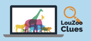 banner - lite blue background with image of open laptop, with variety of colored animals in screen of laptop, with orange spyglass, LouZoo Clues