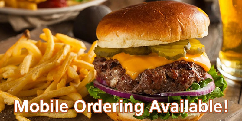 banner - mobile ordering available! background is pic of french fries, cheeseburger, dressed with pickles, onions on bun, available at outpost